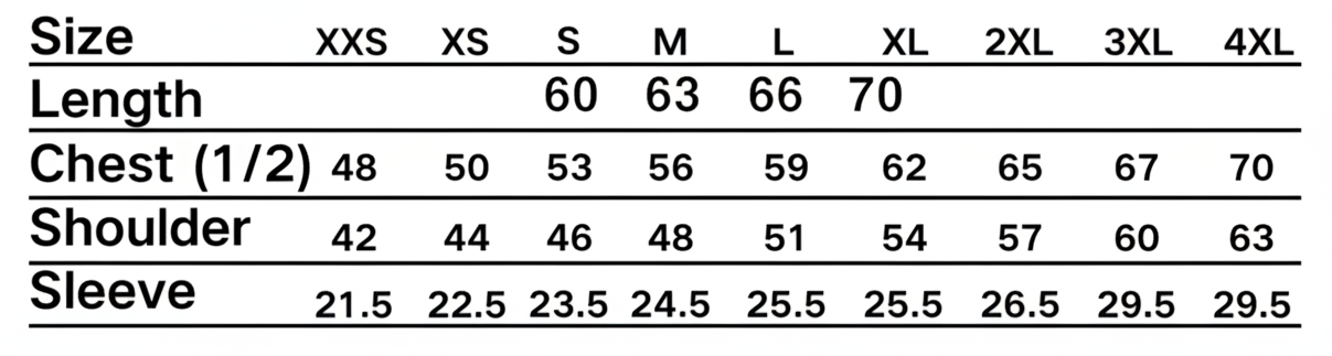Size chart for clothing with measurements in inches